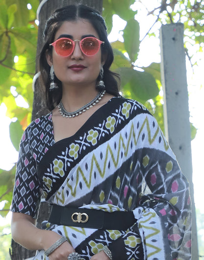 Grey Cotton Printed Saree