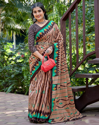Brown Cotton Printed Saree
