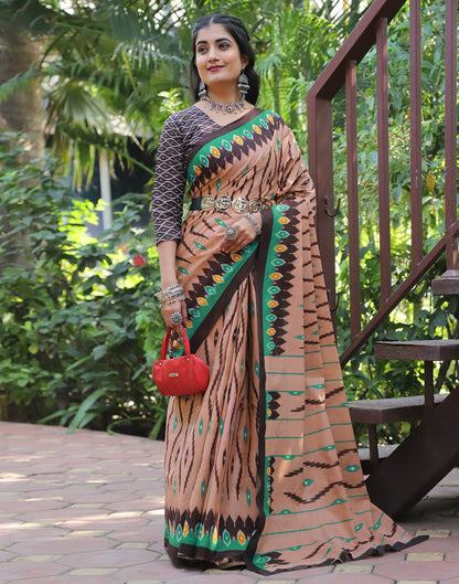 Brown Cotton Printed Saree