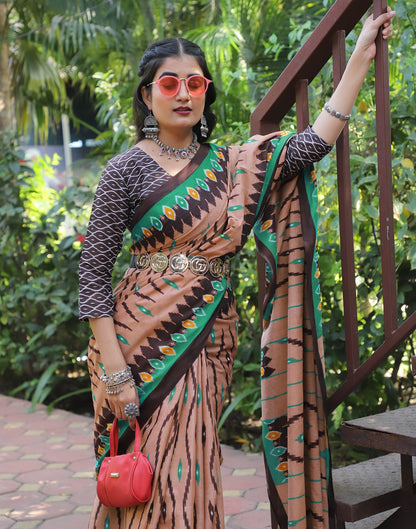 Brown Cotton Printed Saree