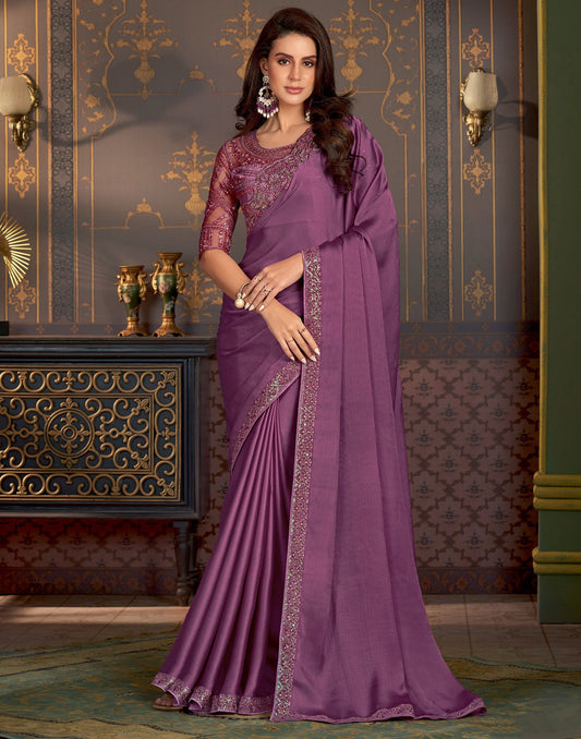 Deep Purple Satin Plain Saree