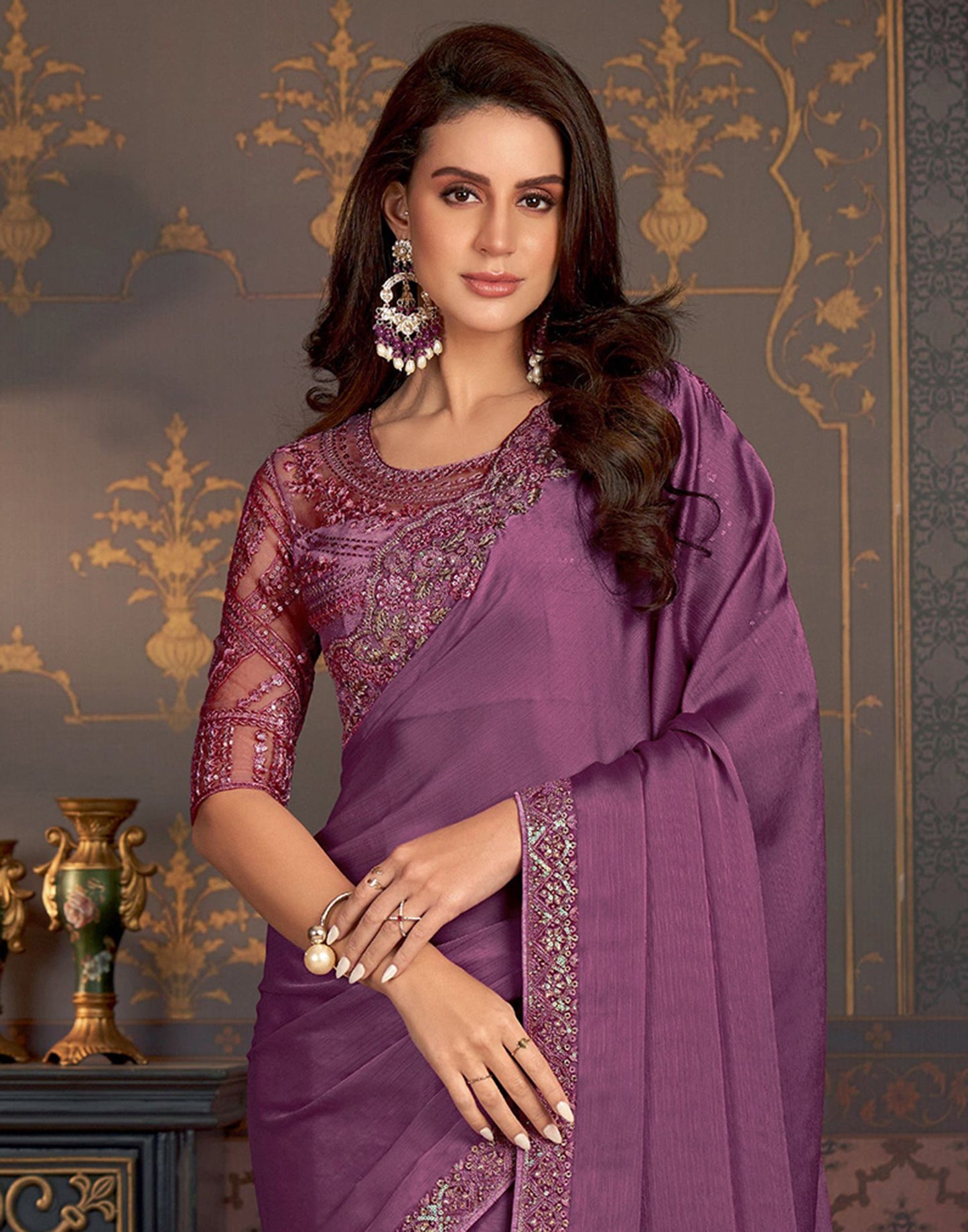 Deep Purple Satin Plain Saree