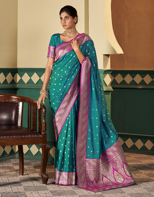 Teal , Green Silk Weaving Saree