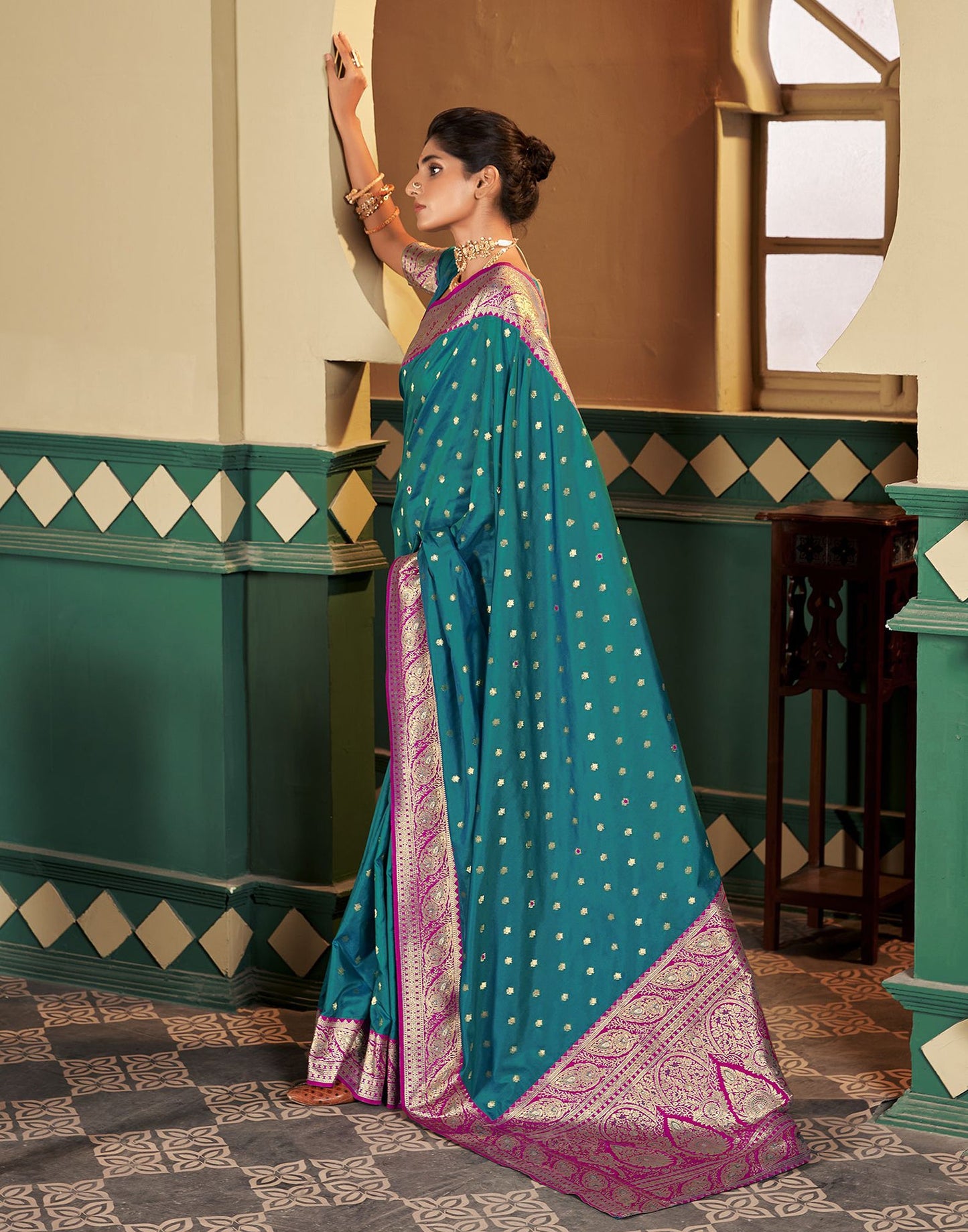 Teal , Green Silk Weaving Saree