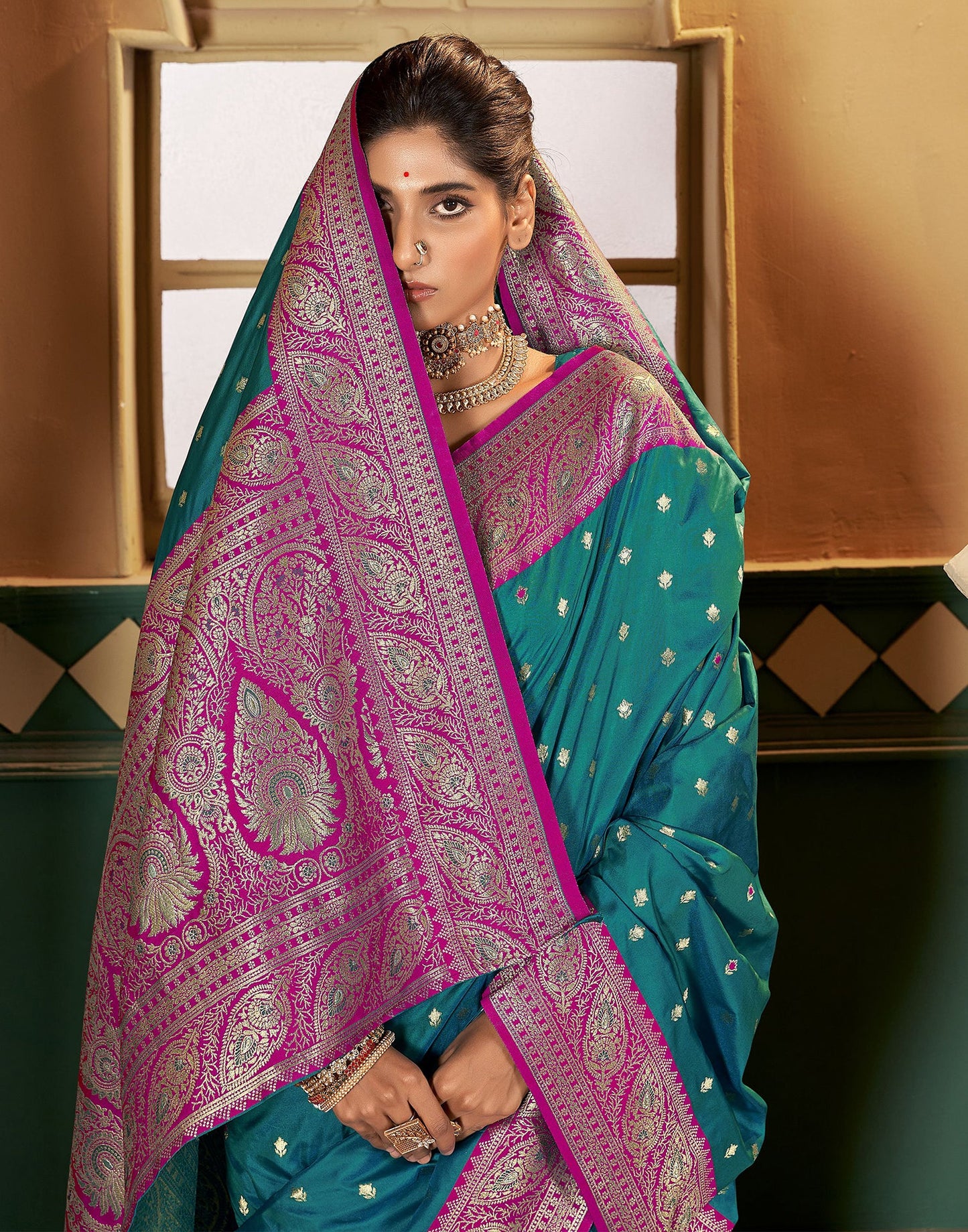 Teal , Green Silk Weaving Saree