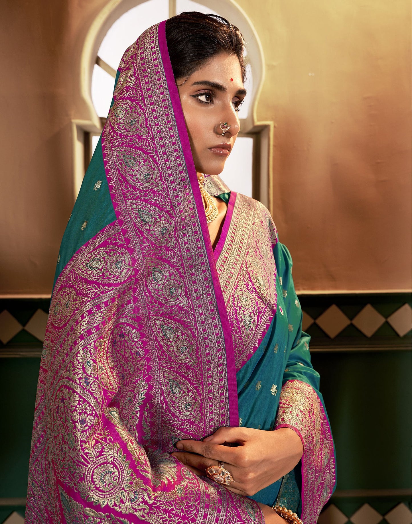 Teal , Green Silk Weaving Saree