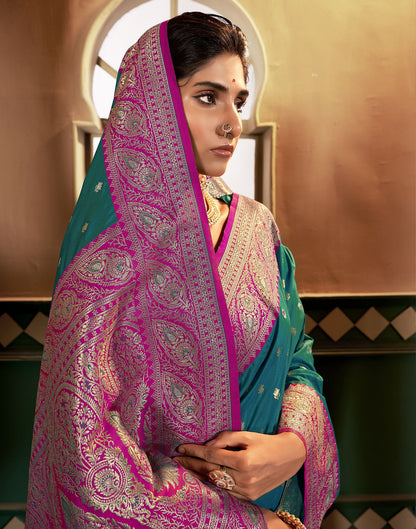 Teal , Green Silk Weaving Saree