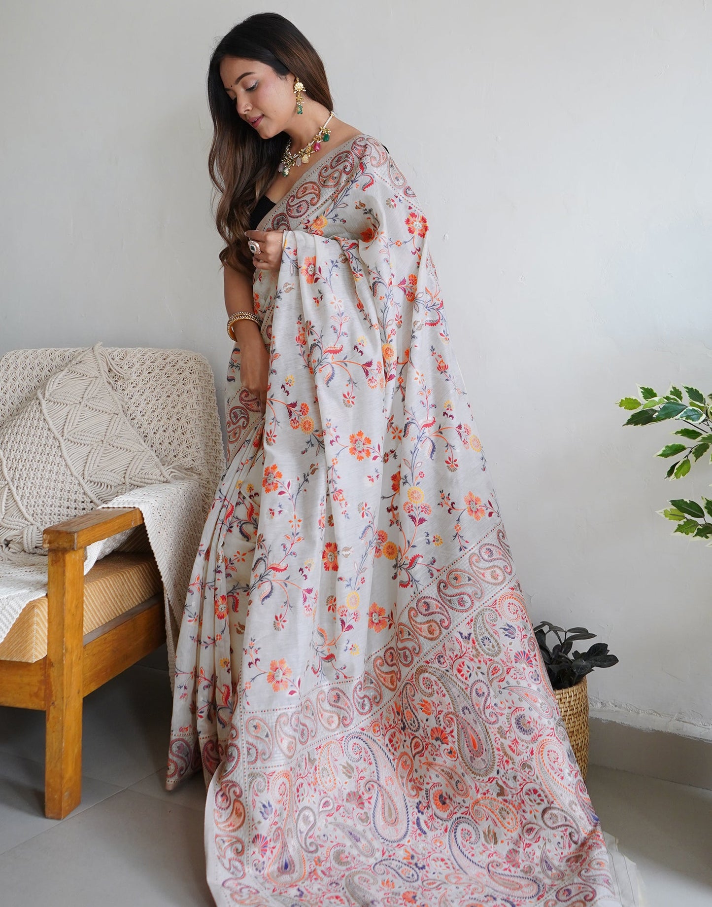 White Cotton Printed Saree