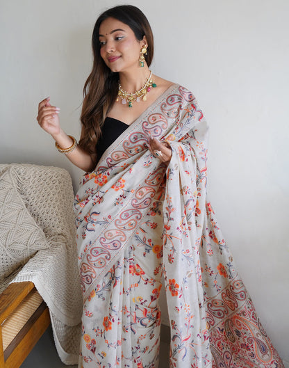 White Cotton Printed Saree