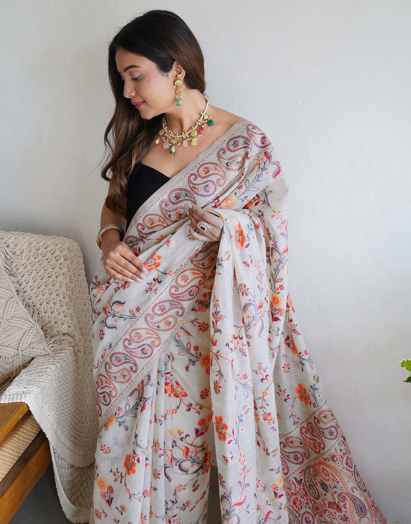 White Cotton Printed Saree