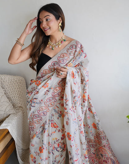 White Cotton Printed Saree