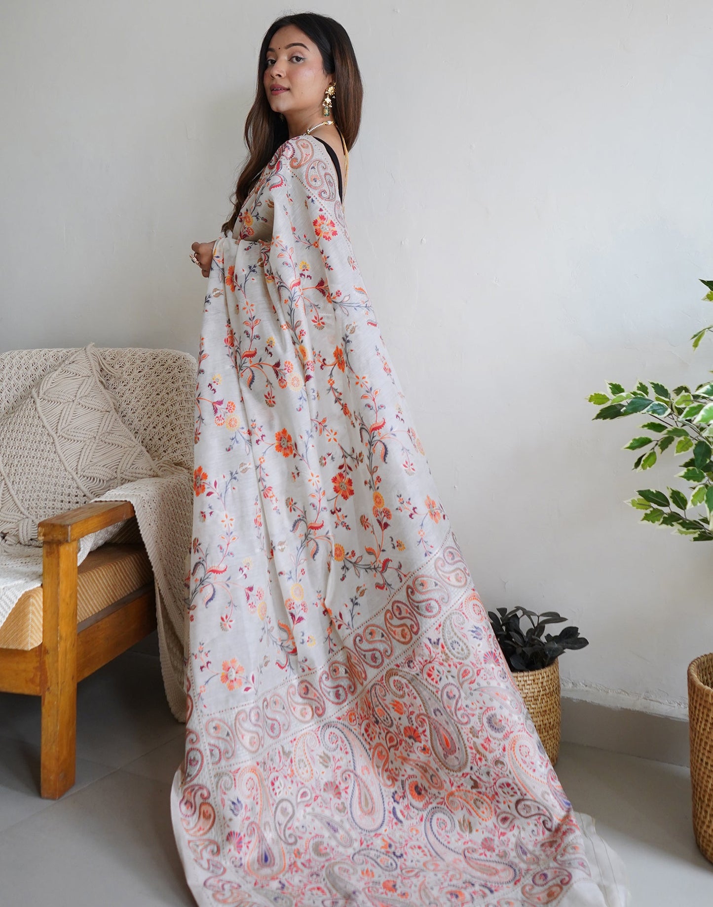 White Cotton Printed Saree