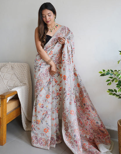 White Cotton Printed Saree