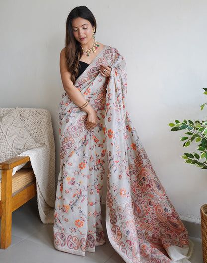 White Cotton Printed Saree