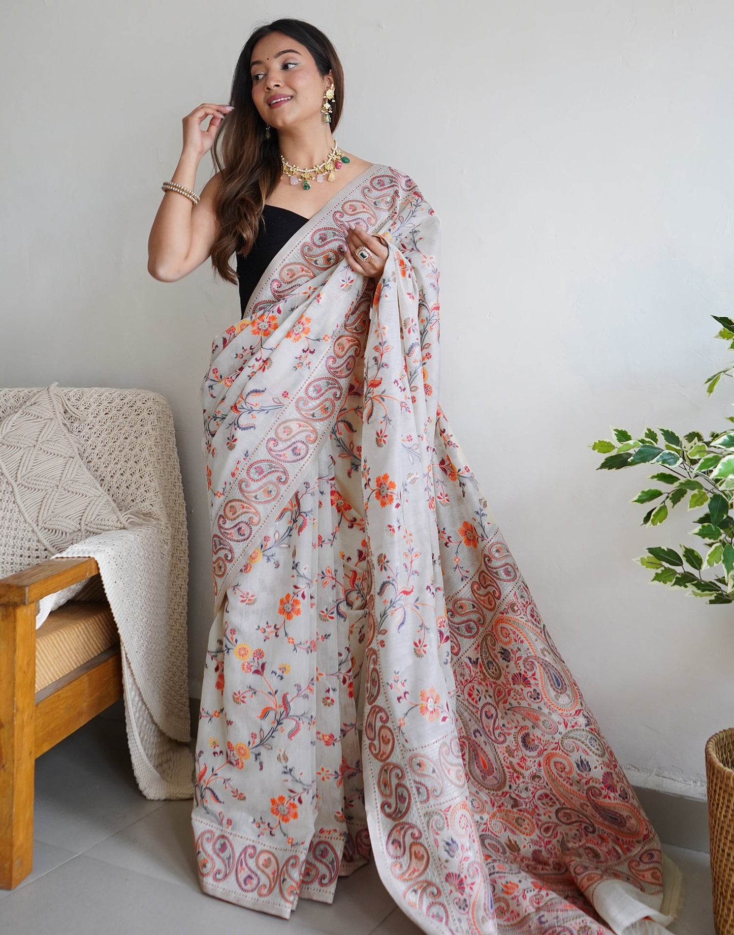 White Cotton Printed Saree