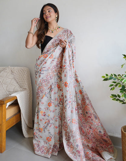 White Cotton Printed Saree