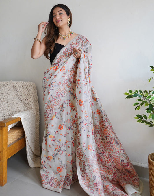 White Cotton Printed Saree