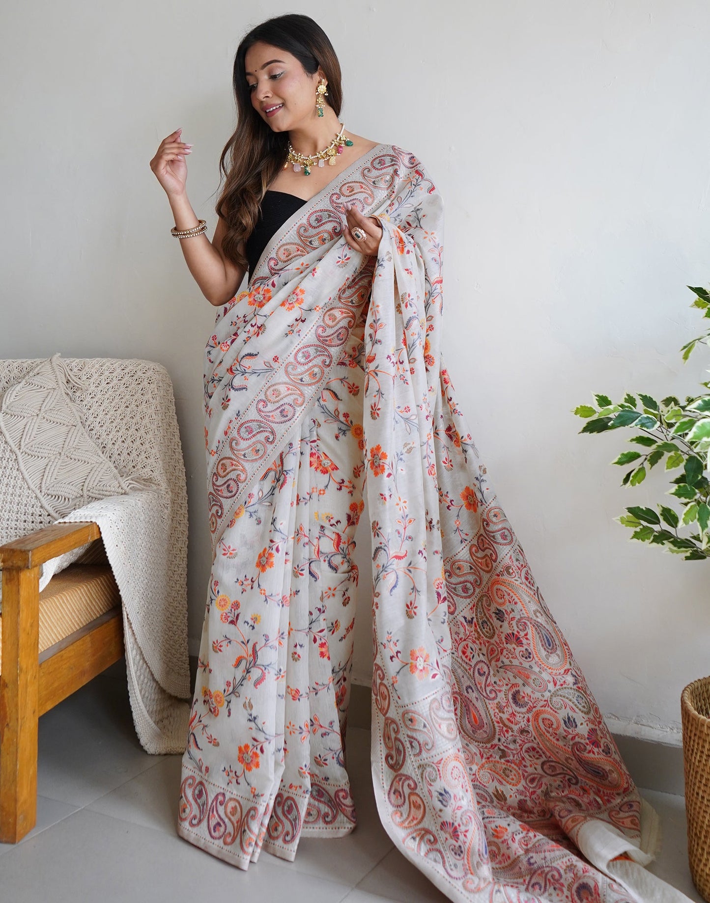 White Cotton Printed Saree