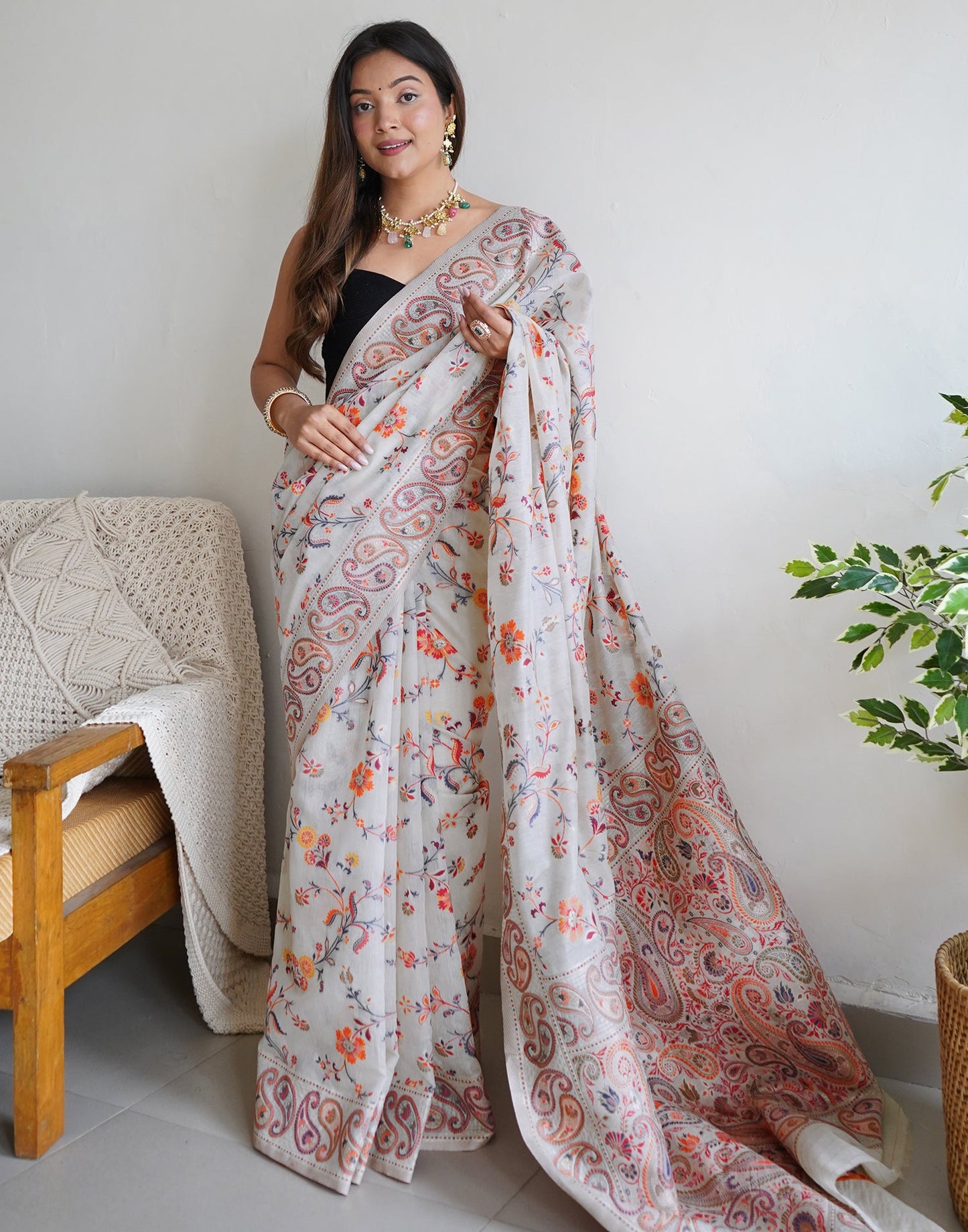White Cotton Printed Saree