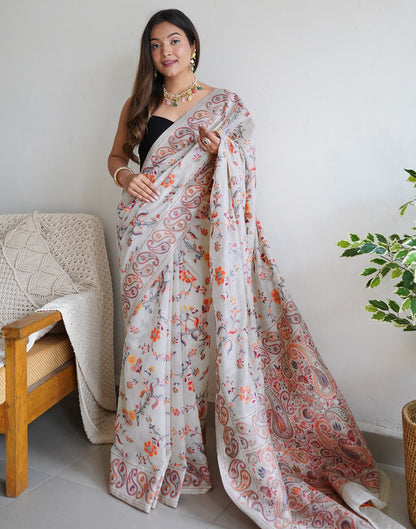 White Cotton Printed Saree