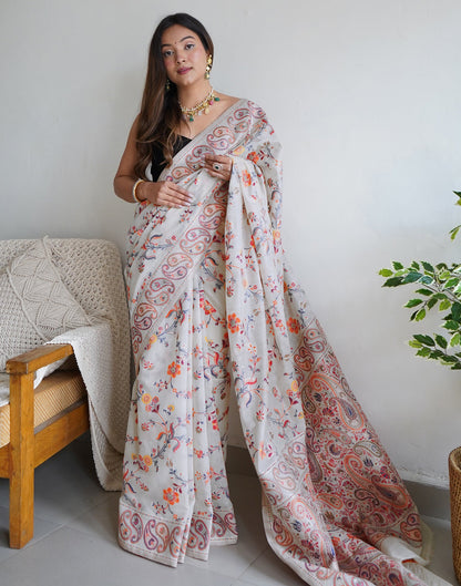 White Cotton Printed Saree