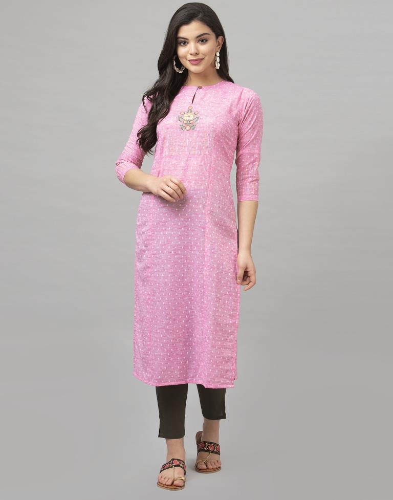 Sparkling Pink Coloured Embroidered Cotton Kurti | Sudathi