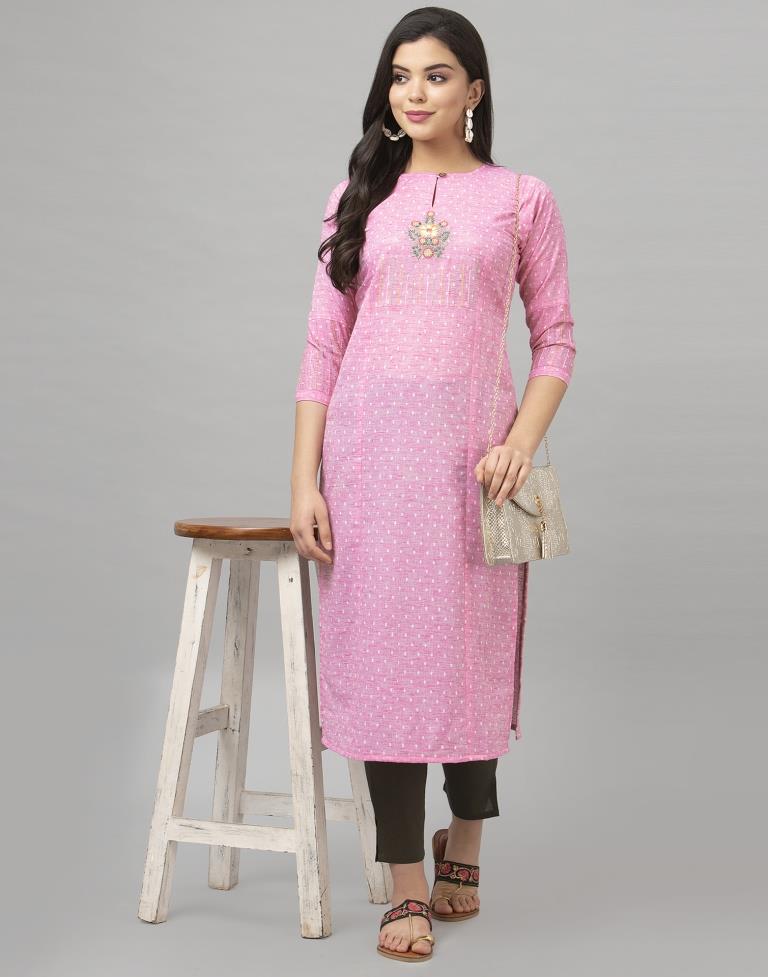 Sparkling Pink Coloured Embroidered Cotton Kurti | Sudathi