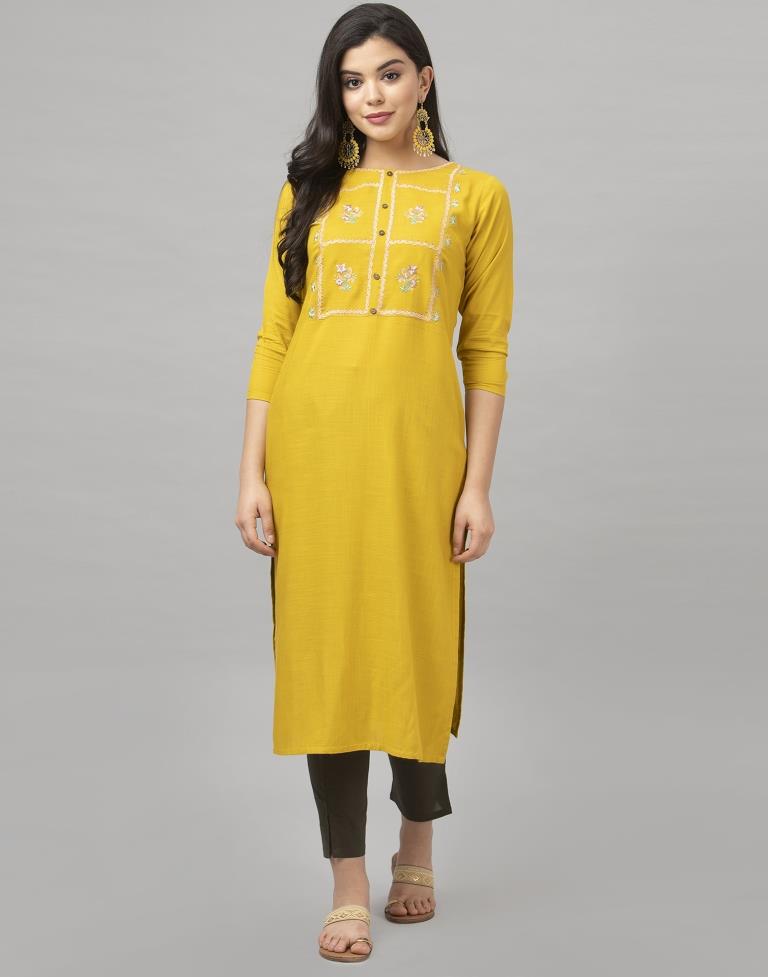 Charismatic Mustard Yellow Coloured Embroidered Patch Rayon Kurti | Sudathi