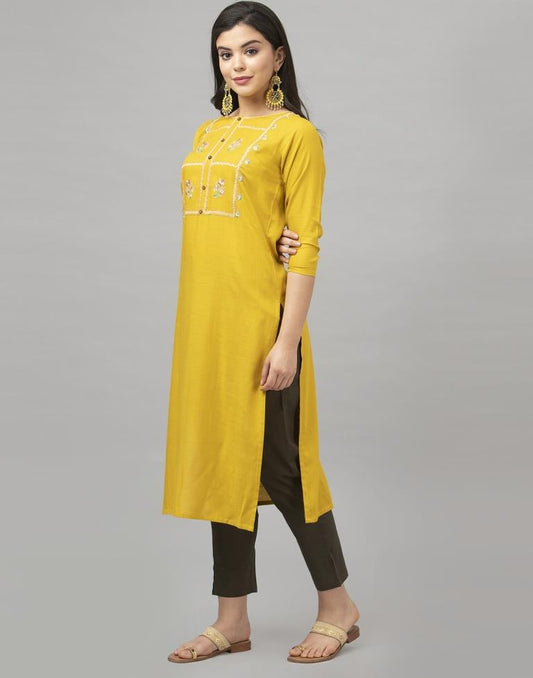 Charismatic Mustard Yellow Coloured Embroidered Patch Rayon Kurti | Sudathi