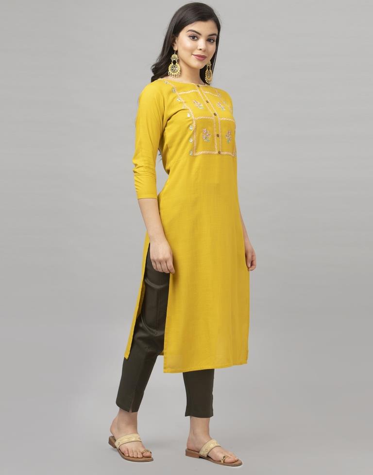 Charismatic Mustard Yellow Coloured Embroidered Patch Rayon Kurti | Sudathi