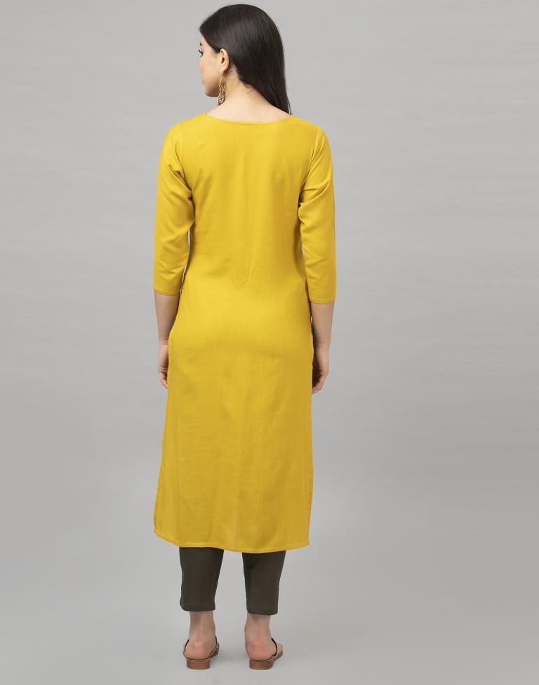 Charismatic Mustard Yellow Coloured Embroidered Patch Rayon Kurti | Sudathi