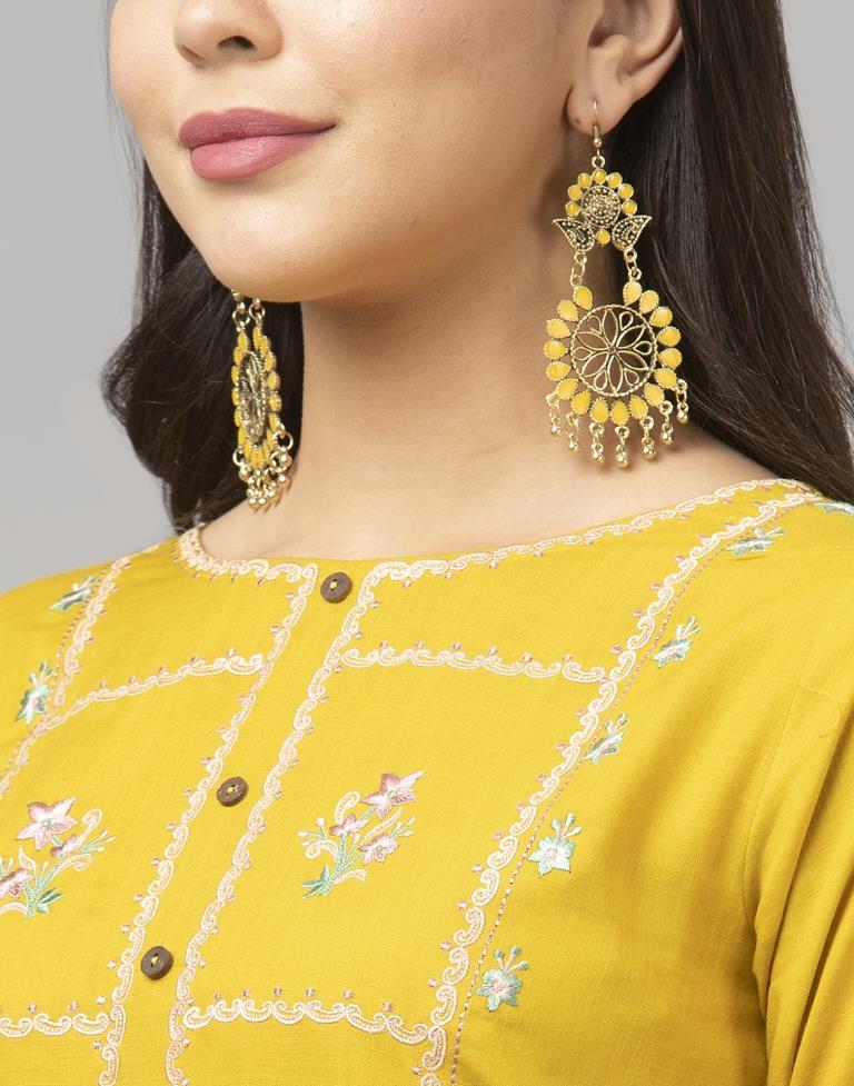 Charismatic Mustard Yellow Coloured Embroidered Patch Rayon Kurti | Sudathi