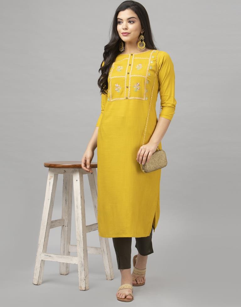 Charismatic Mustard Yellow Coloured Embroidered Patch Rayon Kurti | Sudathi