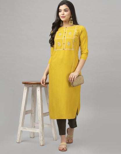 Charismatic Mustard Yellow Coloured Embroidered Patch Rayon Kurti | Sudathi