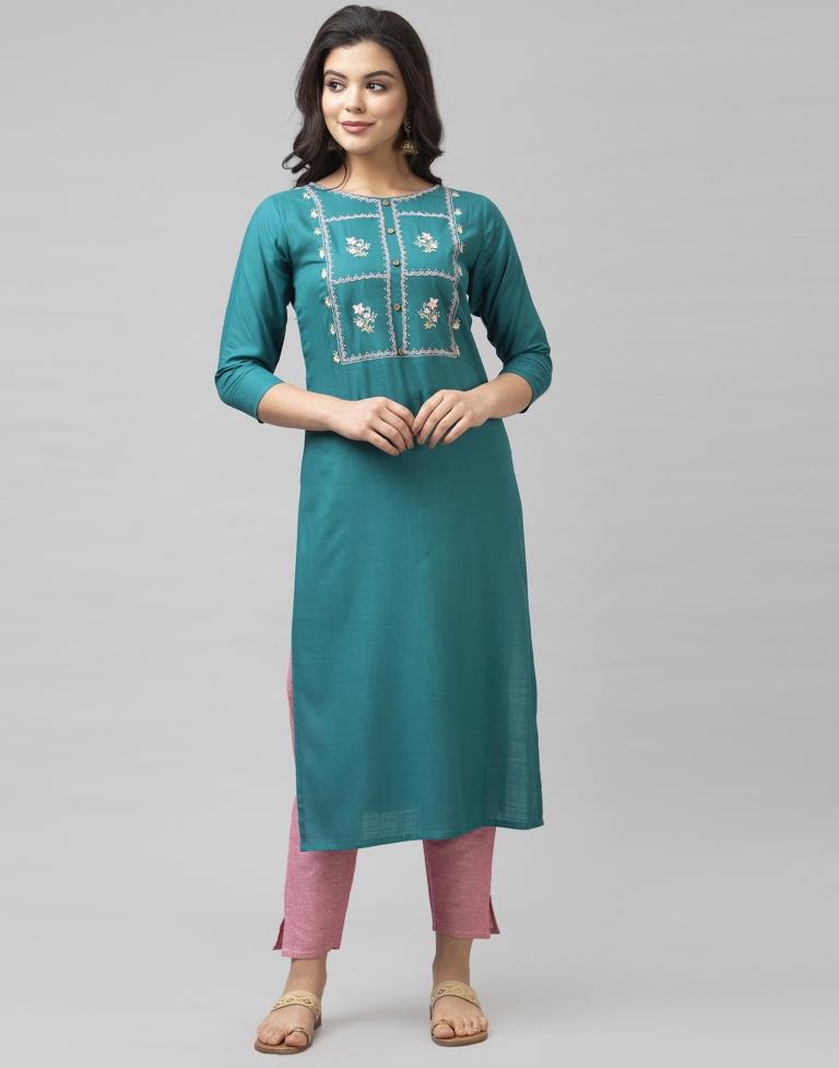 Vibrant Rama Green Coloured Embroidered Patch Rayon Kurti | Leemboodi