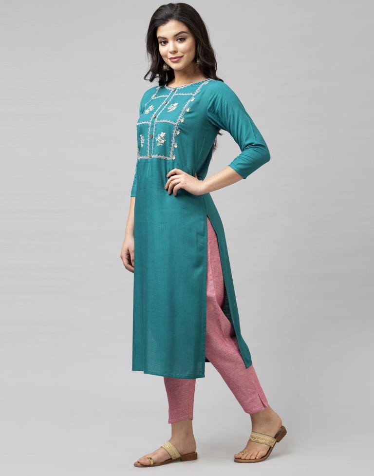 Vibrant Rama Green Coloured Embroidered Patch Rayon Kurti | Leemboodi