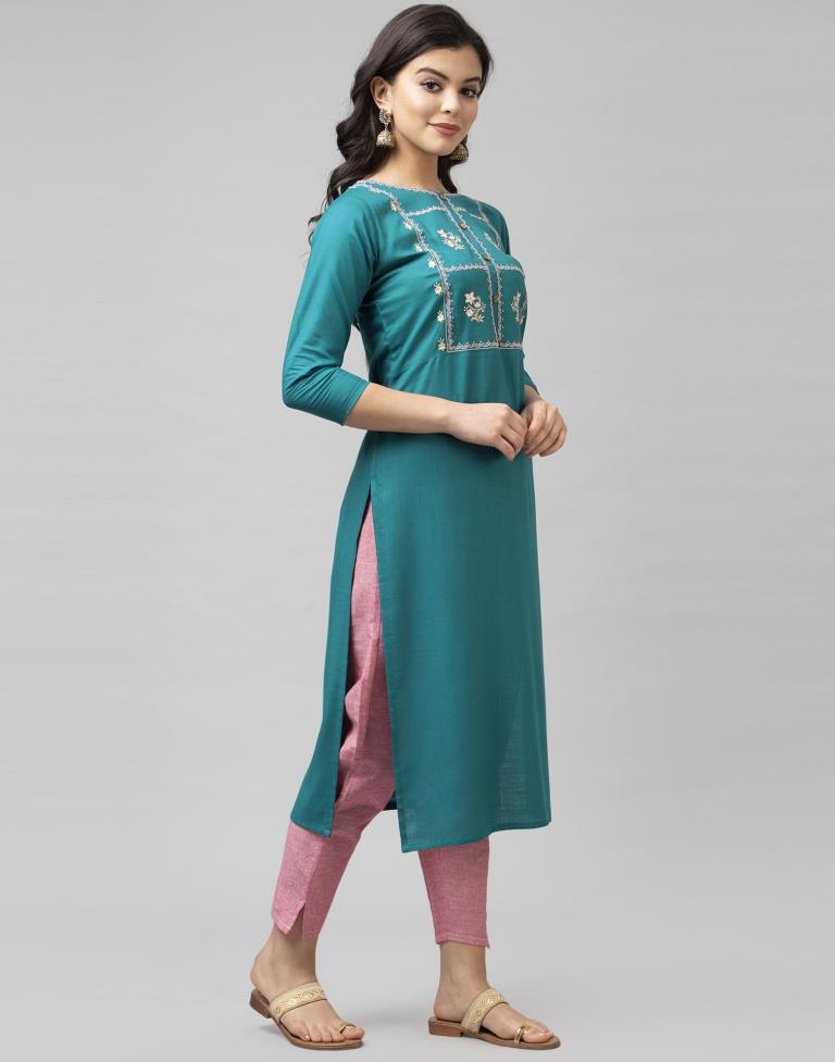 Vibrant Rama Green Coloured Embroidered Patch Rayon Kurti | Leemboodi