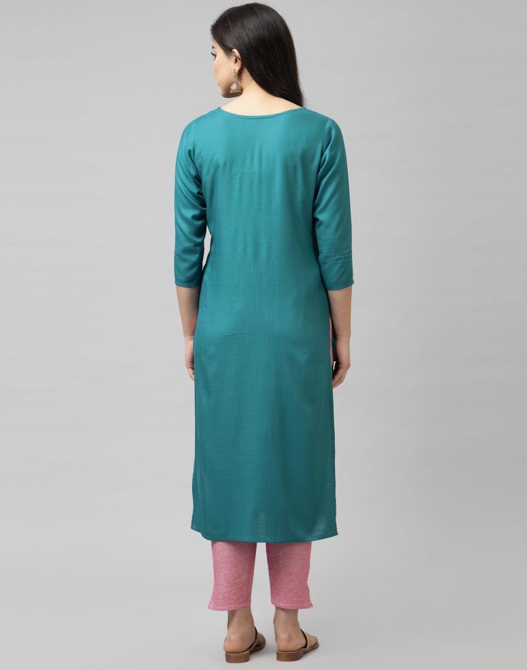 Vibrant Rama Green Coloured Embroidered Patch Rayon Kurti | Leemboodi