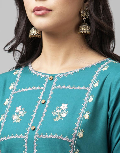 Vibrant Rama Green Coloured Embroidered Patch Rayon Kurti | Leemboodi