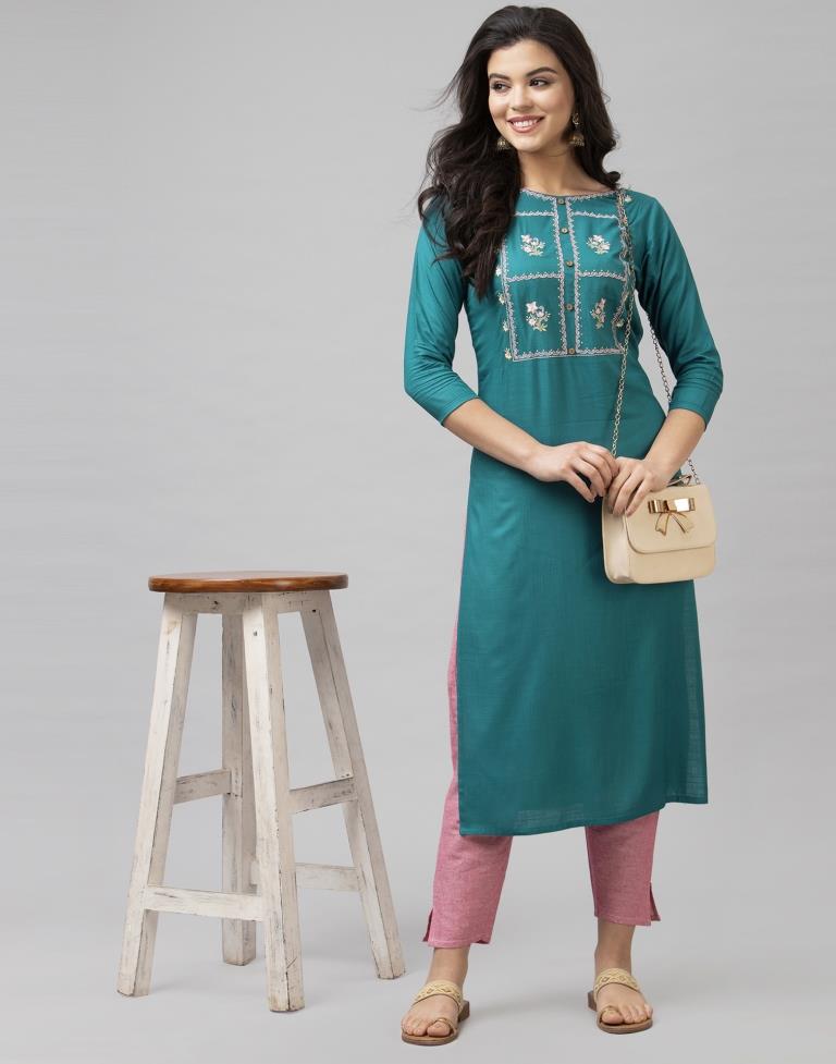 Vibrant Rama Green Coloured Embroidered Patch Rayon Kurti | Leemboodi