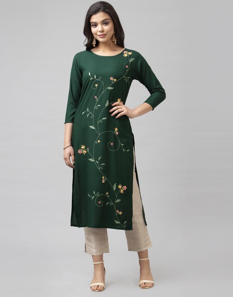 Marvelous Dark Green Coloured Embroidered Rayon Kurti | Sudathi