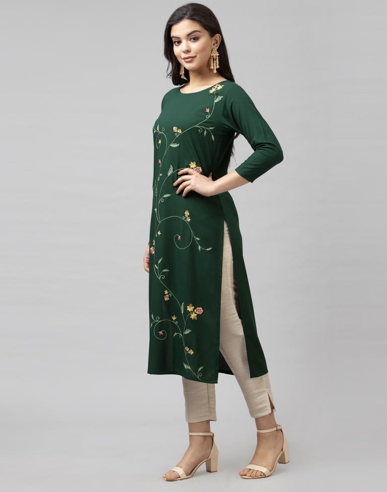 Marvelous Dark Green Coloured Embroidered Rayon Kurti | Sudathi
