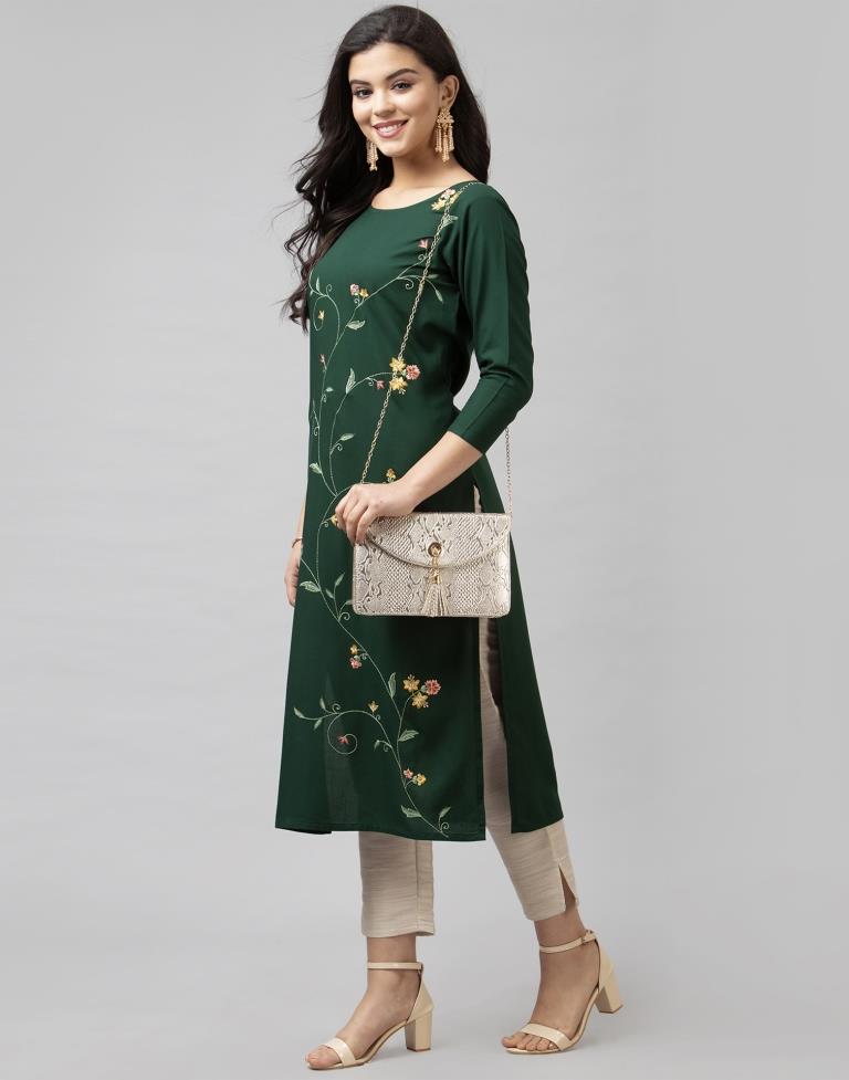 Marvelous Dark Green Coloured Embroidered Rayon Kurti | Sudathi