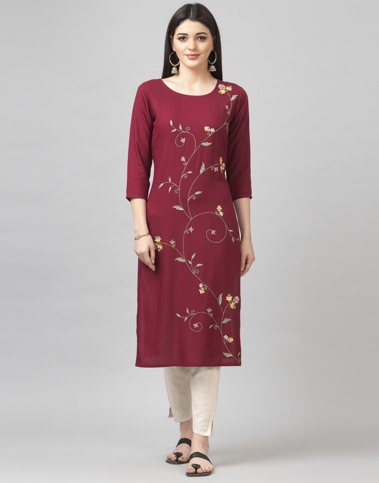 Maroon Coloured Embroidered Rayon Kurti | Sudathi