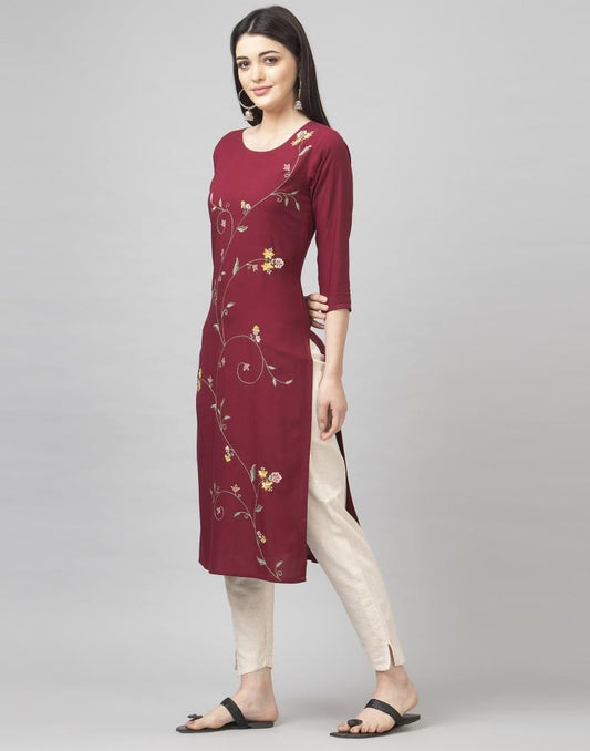 Maroon Coloured Embroidered Rayon Kurti | Sudathi