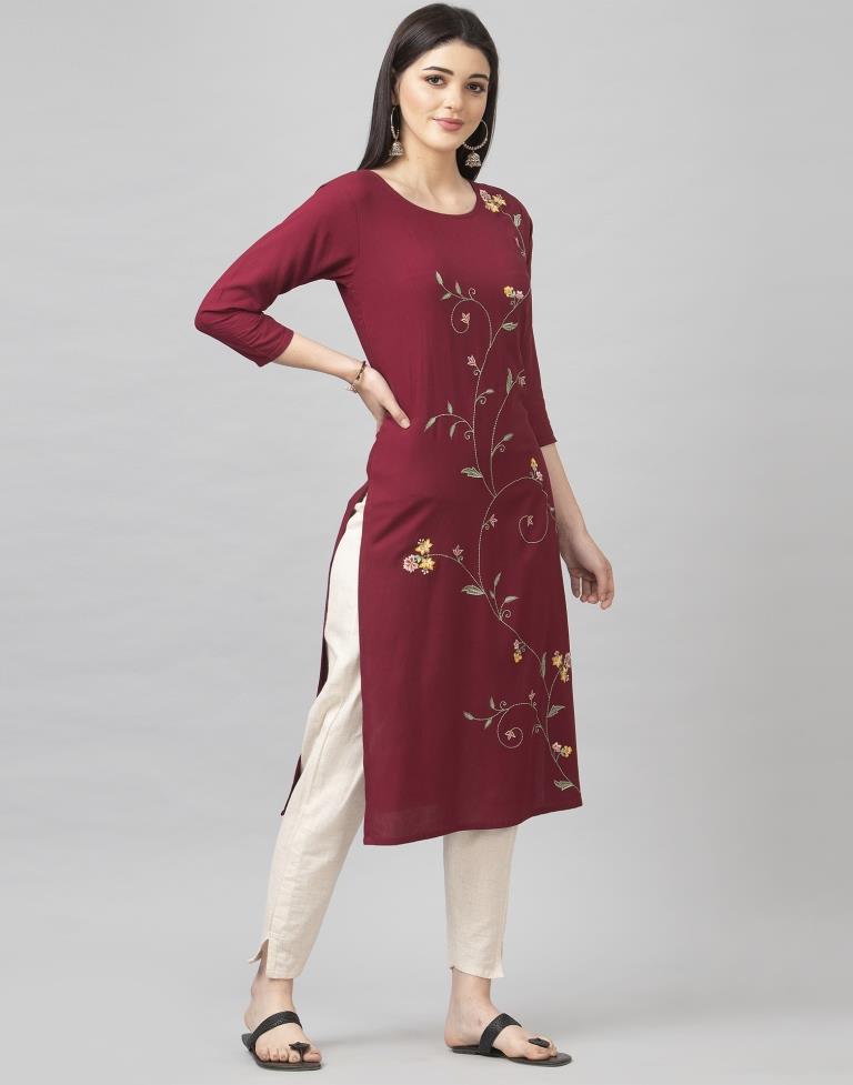 Maroon Coloured Embroidered Rayon Kurti | Sudathi
