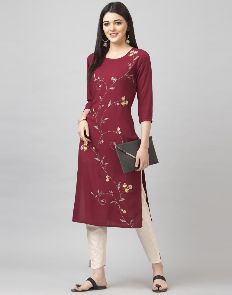 Maroon Coloured Embroidered Rayon Kurti | Sudathi