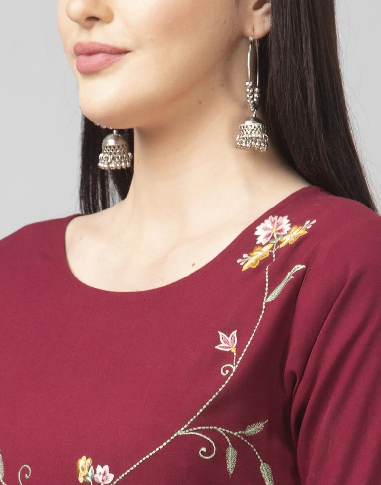 Maroon Coloured Embroidered Rayon Kurti | Sudathi