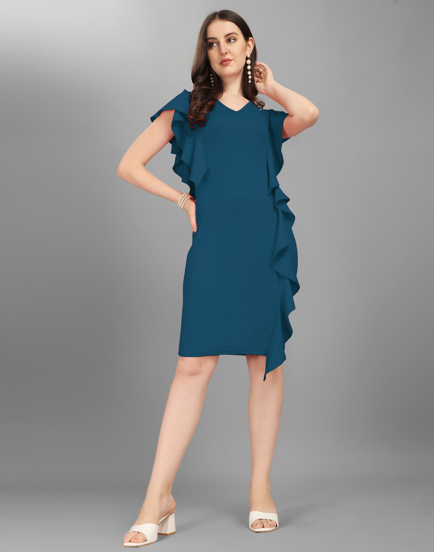 Teal Blue Ruffled Bodycon Dress | Sudathi