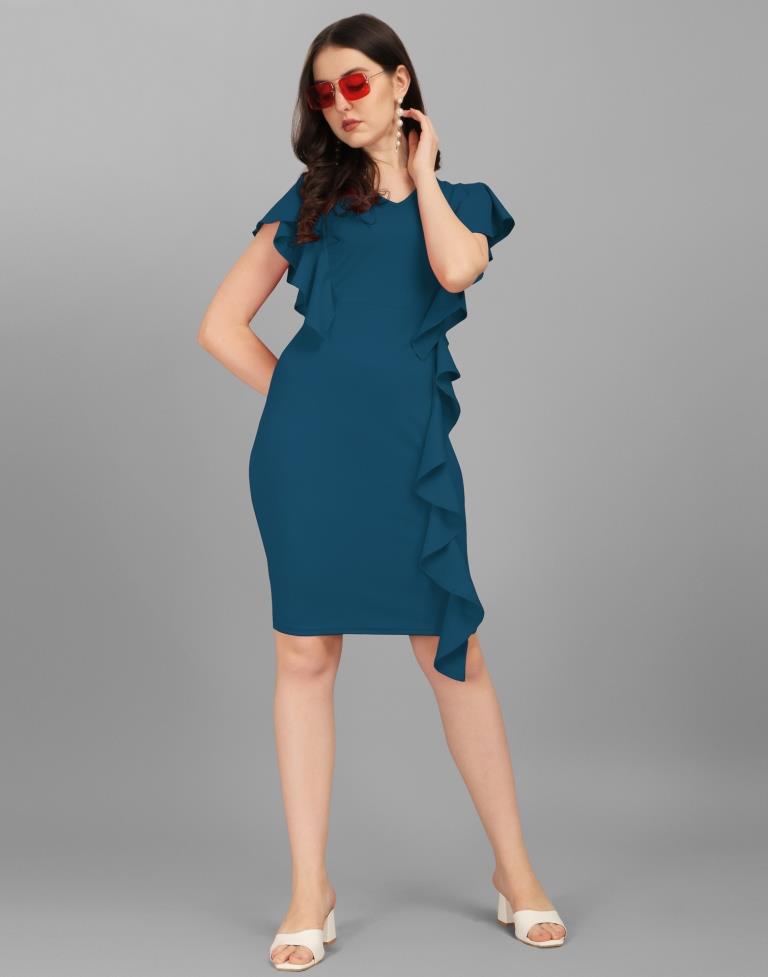 Teal Blue Ruffled Bodycon Dress | Sudathi